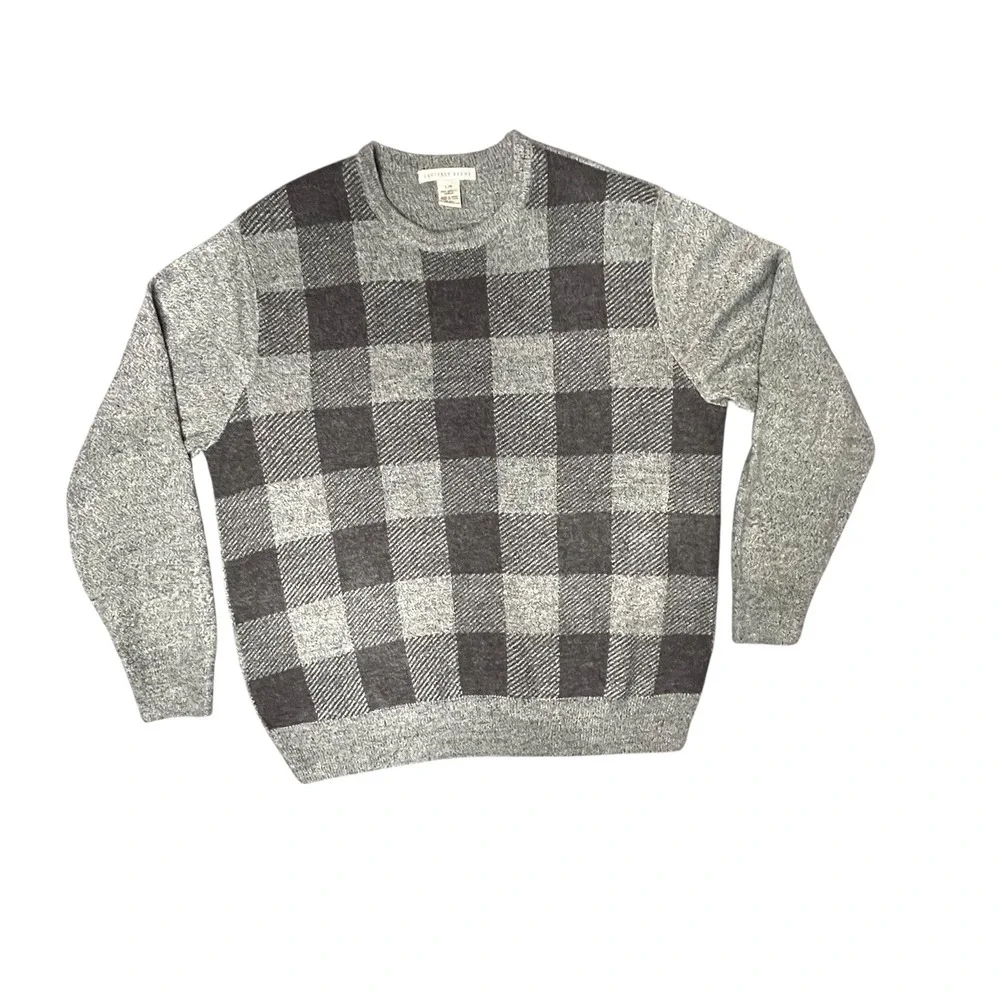 Vintage Geoffrey Beene Men's L Gray Buffalo Plaid Crew Neck LS Sweater Classic